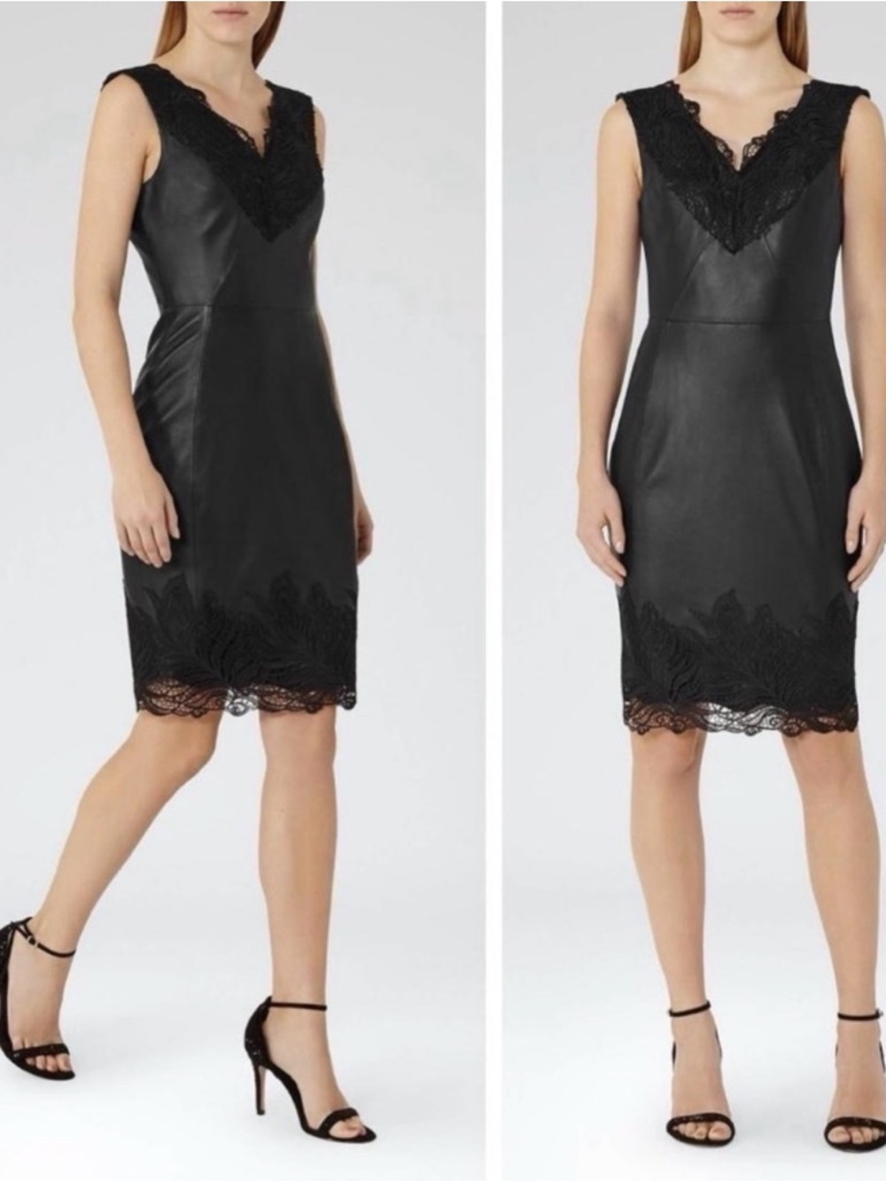 Reiss Etty Women’s Black Leather & Lace Sheath BodyCon Sleeveless Mini Size 6